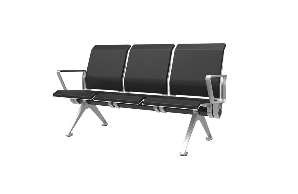 PU-Waiting-Chairs-LS-529Y Three-seat waiting bench with black upholstered seats and silver aluminum legs and arms.
