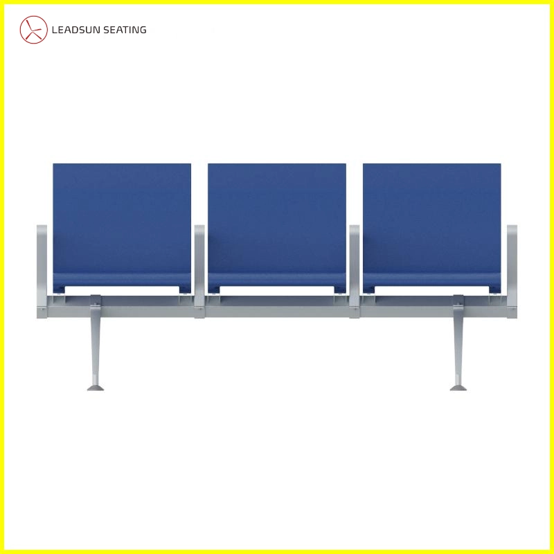 Durable aluminum frame and blue PU seat cushion texture for airport chairs.