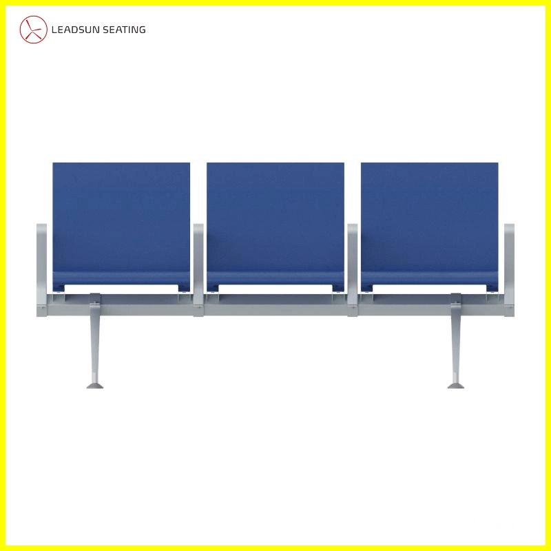 Durable aluminum frame and blue PU seat cushion texture for airport chairs.