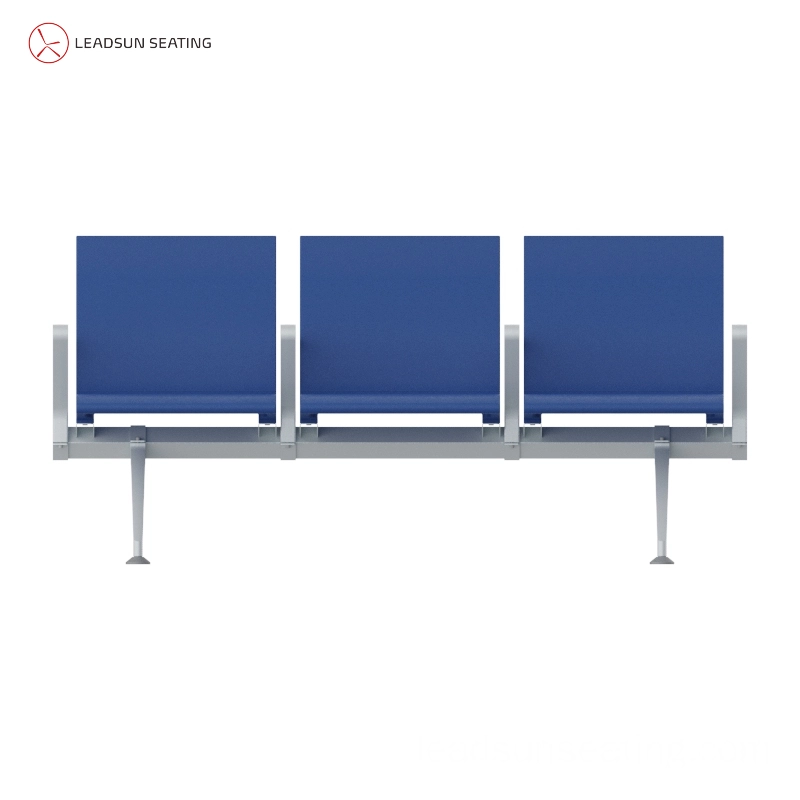 Durable aluminum frame and blue PU seat cushion texture for airport chairs.