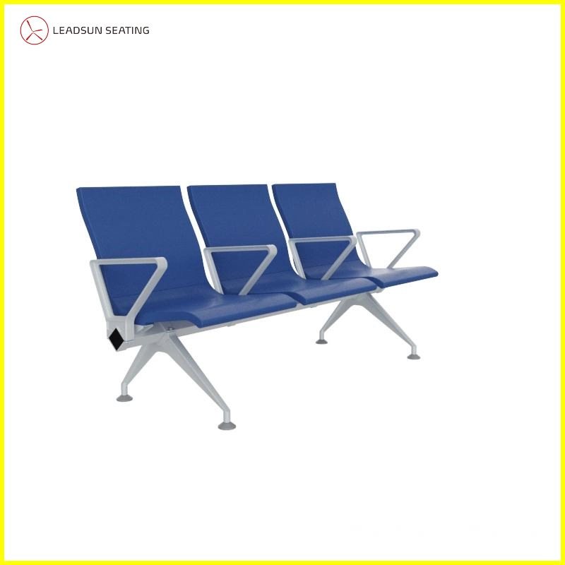 Three blue airport waiting chairs with aluminum frames and PU cushions in modern terminal concourse.