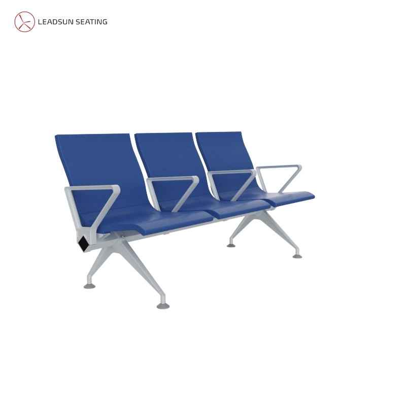 Three blue airport waiting chairs with aluminum frames and PU cushions in modern terminal concourse.