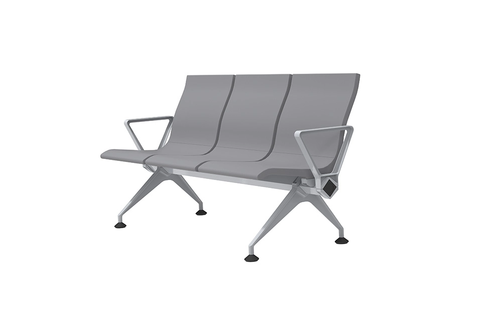 PU-Aluminum-Waiting-Chair-LS-537 Three-seat waiting bench with gray cushioned seats and silver metal frame.