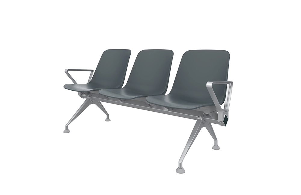 public-metal-waiting-chair Three-seater waiting bench with dark gray plastic seats and a silver metal frame. Each seat has a small armrest.