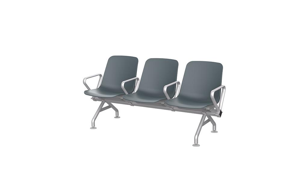 Three-seater waiting bench with dark gray seats and silver metal frame.