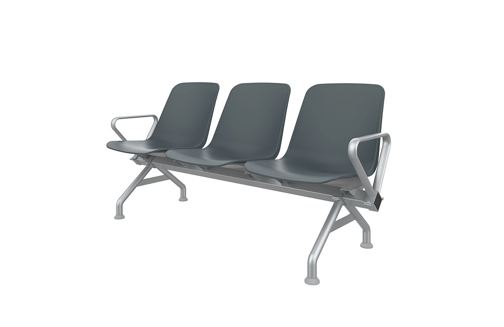 waition-chair Three-seater waiting bench with dark gray plastic seats and silver metal frame and armrests.