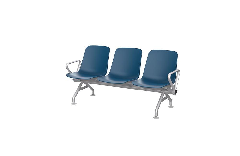 Three-seater waiting room bench with dark blue plastic seats and silver metal frame.