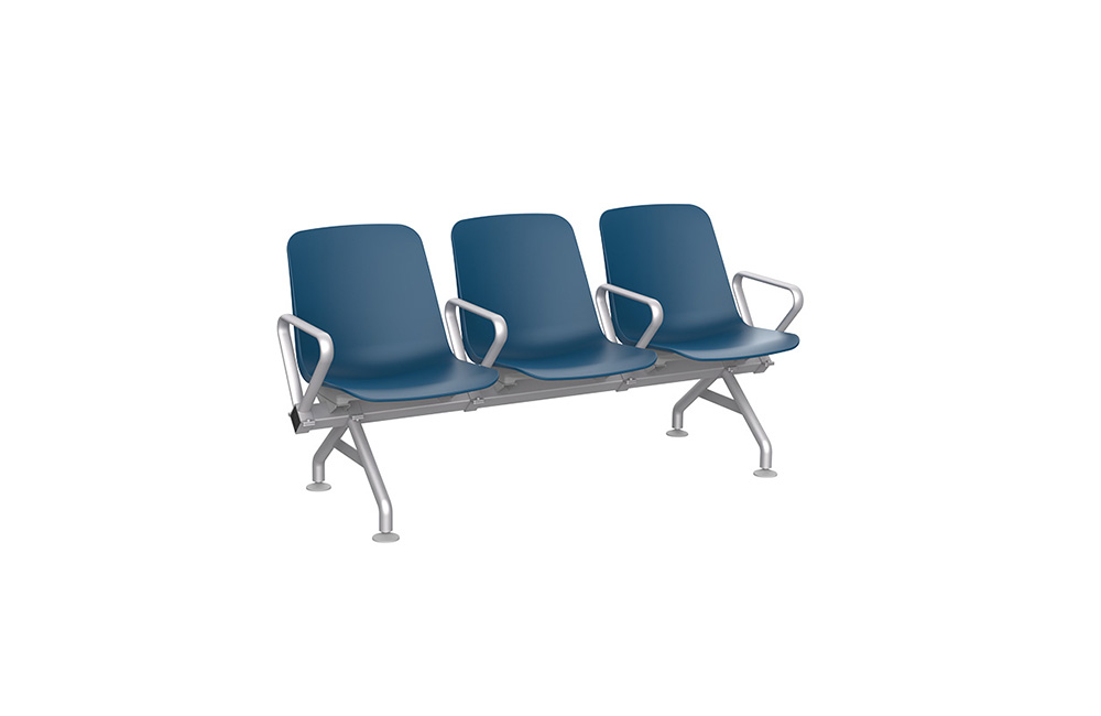 Three-seater waiting bench with dark blue plastic seats and silver metal frame and armrests.