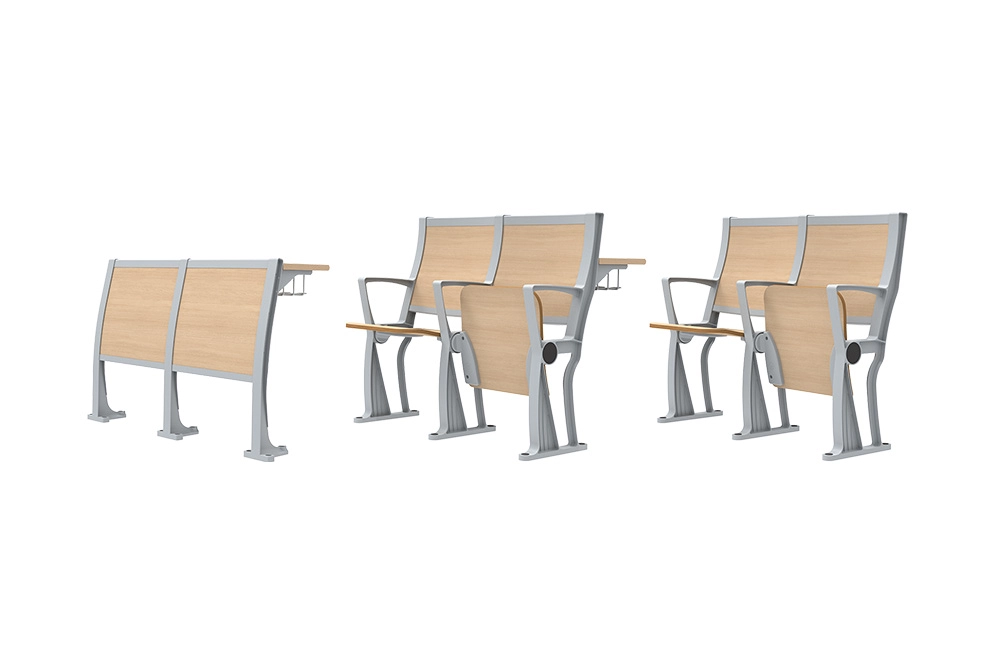 public-place-seating-chair Three light gray and beige lecture hall chairs with attached writing surfaces and a separate, matching writing surface.