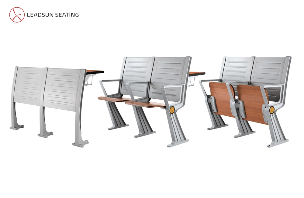 University desk manufactures Two-seater lecture hall chairs with attached writing tablets and individual fold-up desks.