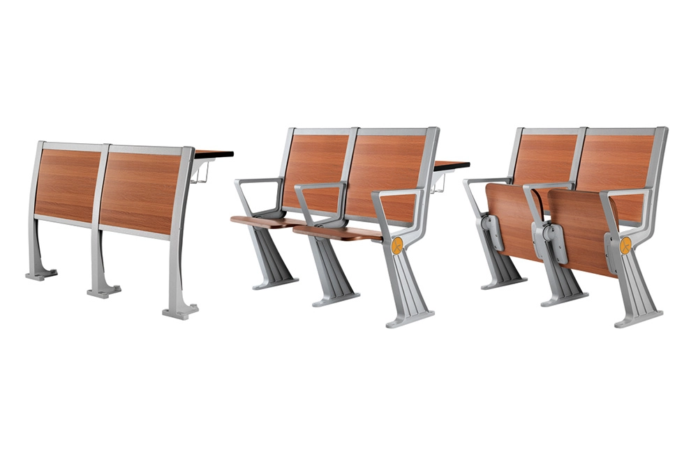public-seating-chair Three views of a modern classroom lecture chair with a writing surface