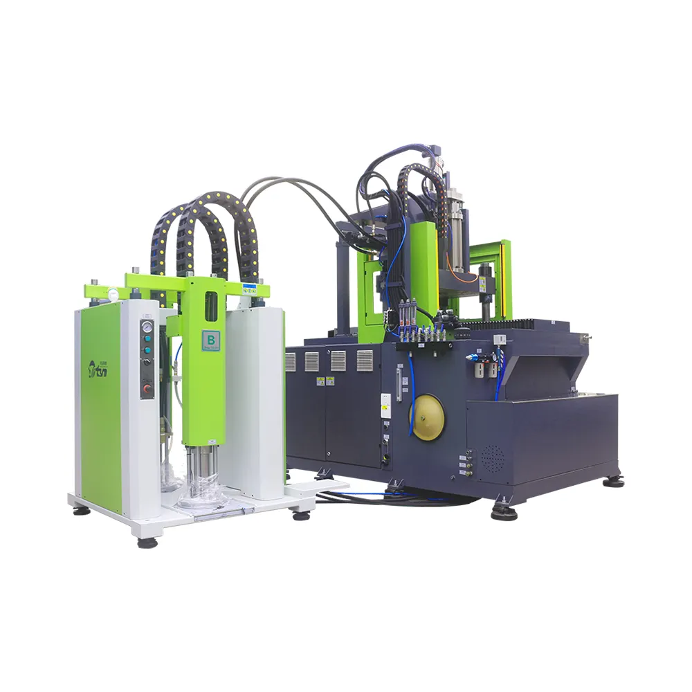 Rear view of vertical LSR injection molding machine and silicone dosing system - TYM