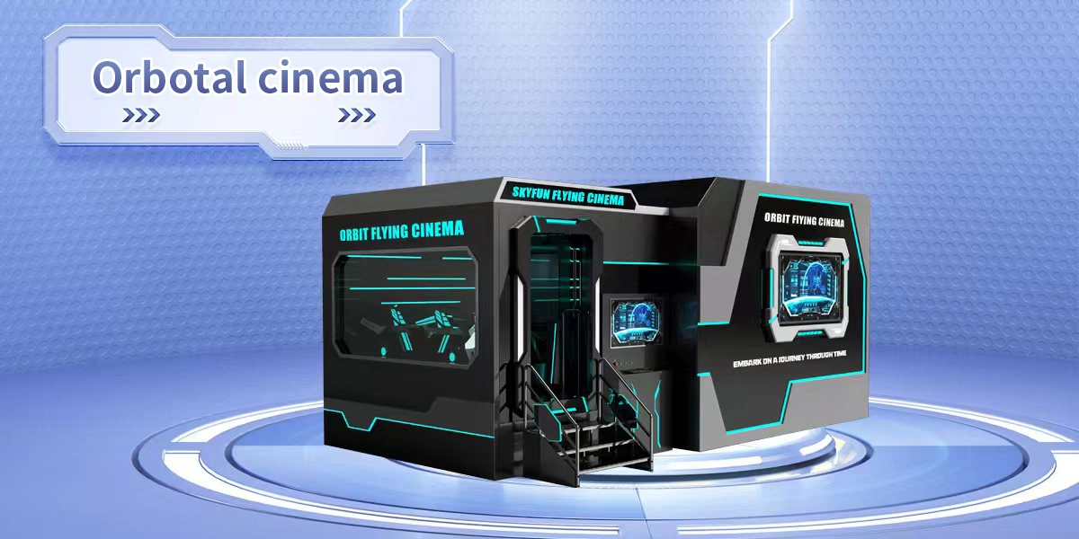 A futuristic black Orbit Flying Cinema simulator, with a central access point and control panels, is shown against a blue background. The text 'Orbit Flying Cinema' is displayed on the sides of the unit. - VRN0.1