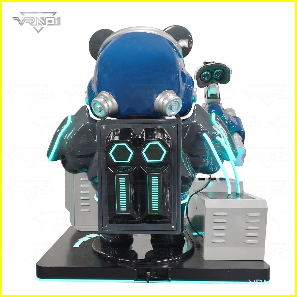 Vista trasera de una futurista máquina de juegos de realidad virtual con forma de panda y detalles en verde azulado brillante. - VRN0.1 Vista trasera de una máquina de juegos de realidad virtual futurista con forma de panda y detalles en verde azulado brillante. - VRN0.1