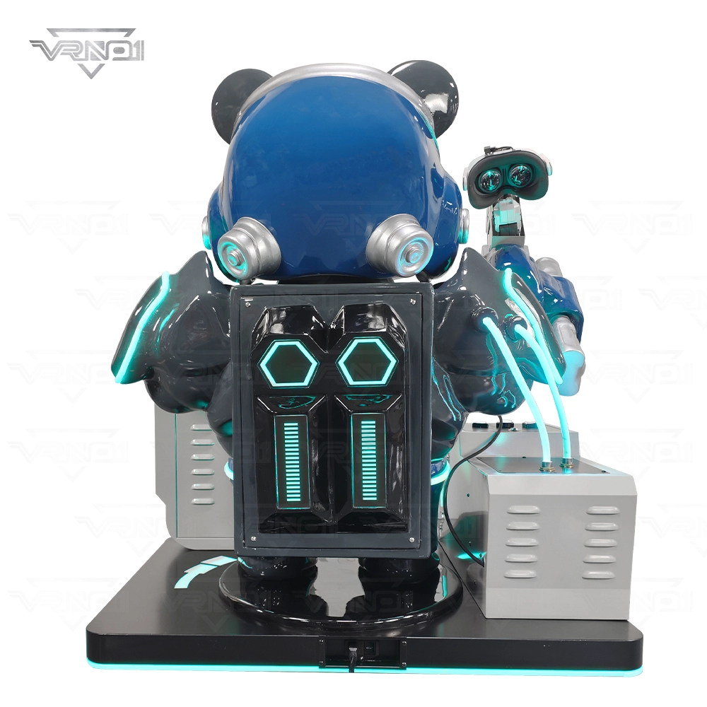Vista trasera de una máquina de juegos de realidad virtual futurista con forma de panda y detalles en verde azulado brillante. - VRN0.1