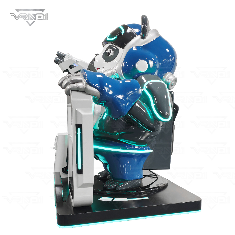 Vista lateral de una máquina de juego de realidad virtual futurista con forma de panda y detalles en azul brillante y verde azulado.