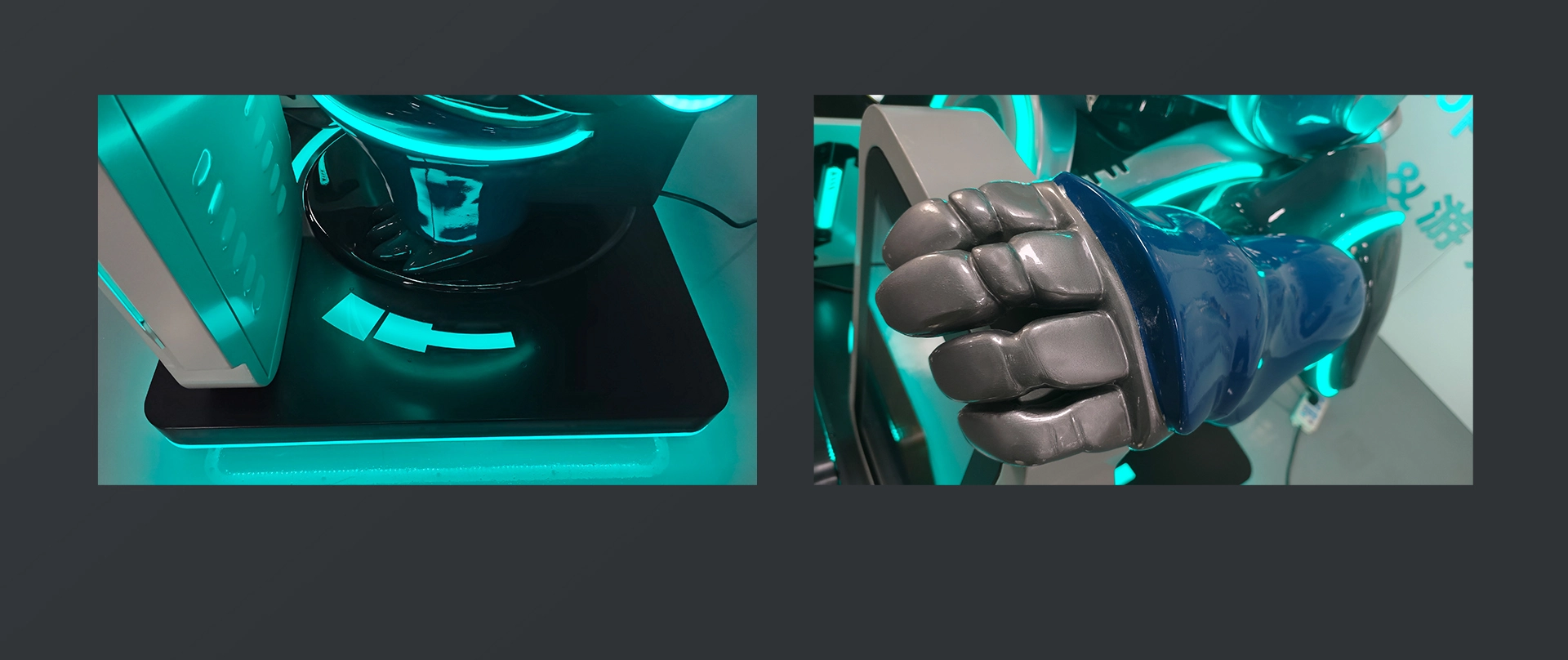 VR熊猫小兵-(7) - VRN0.1 Primer plano de un brazo robótico futurista y una consola de control con iluminación de acento verde azulado. - VRN0.1