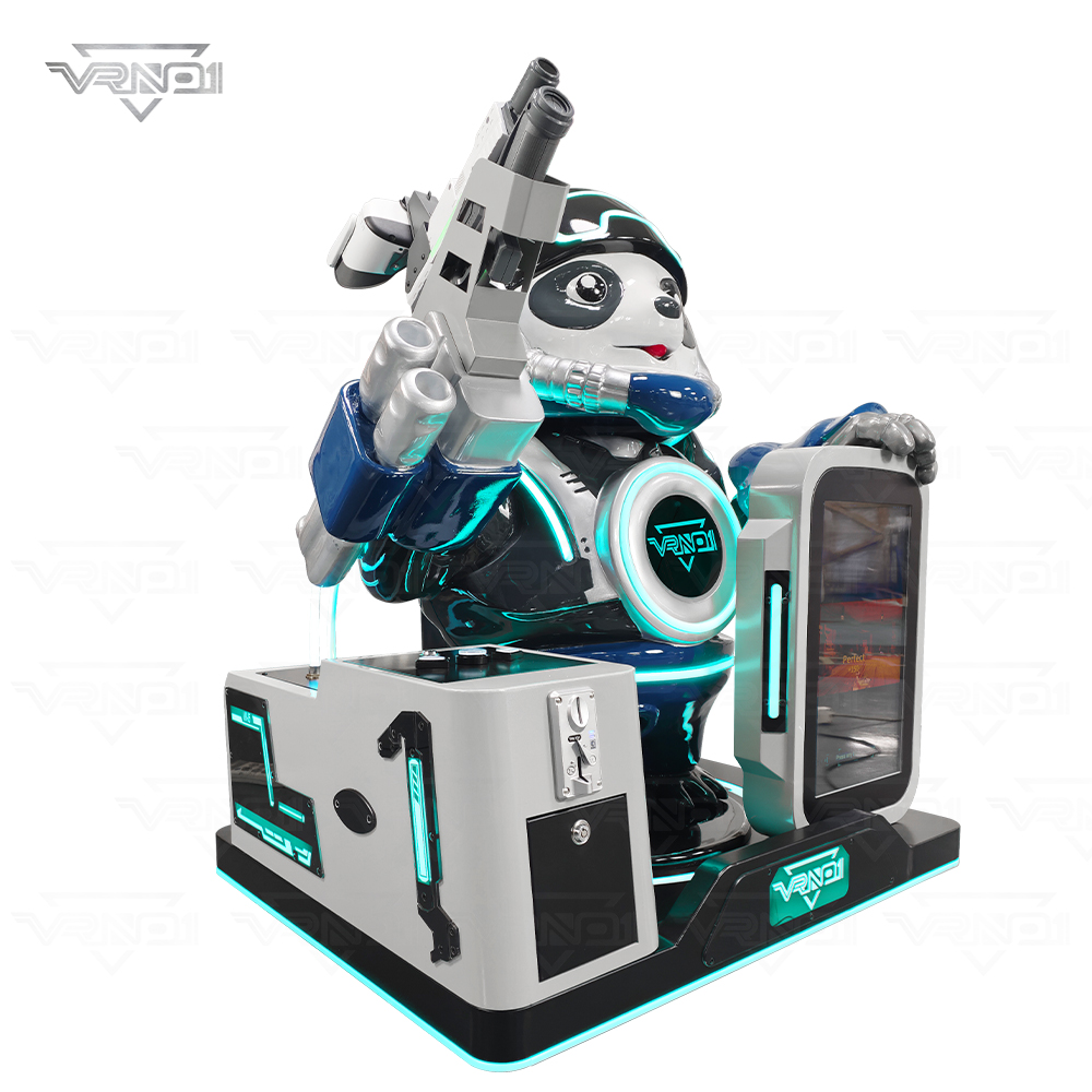 Máquina de juego arcade con robot panda futurista y detalles en azul brillante.