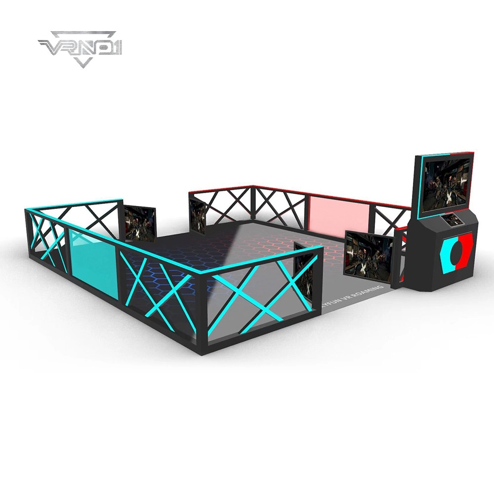 Representación 3D de una plataforma de juegos de realidad virtual con base hexagonal, marco negro con detalles en verde azulado y pantallas integradas. - VRN0.1