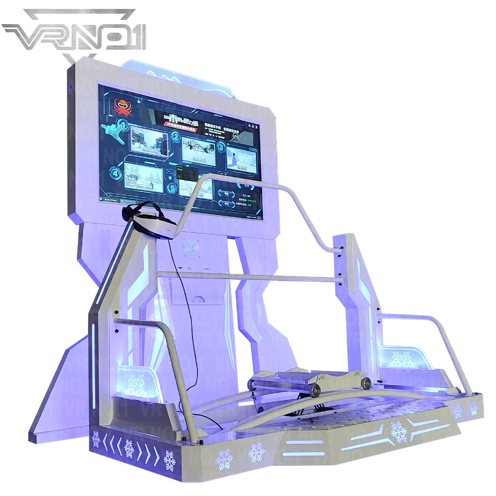 Simulador de snowboard de realidad virtual blanco con una pantalla grande que muestra las opciones de juego y un auricular. - VRN0.1