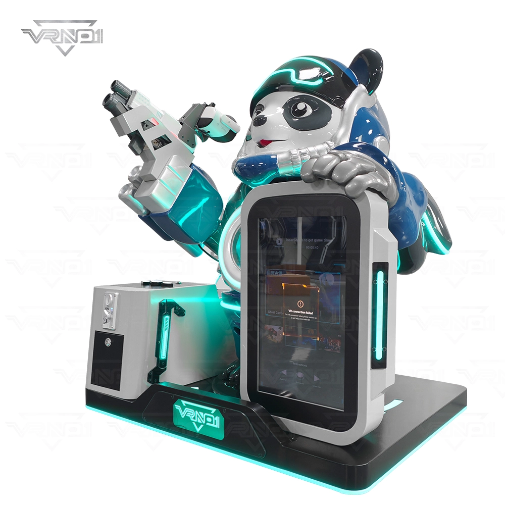 Máquina arcade de robot panda de realidad virtual con detalles en verde azulado y gris, que muestra un mensaje de error de conexión de realidad virtual. - VRN0.1