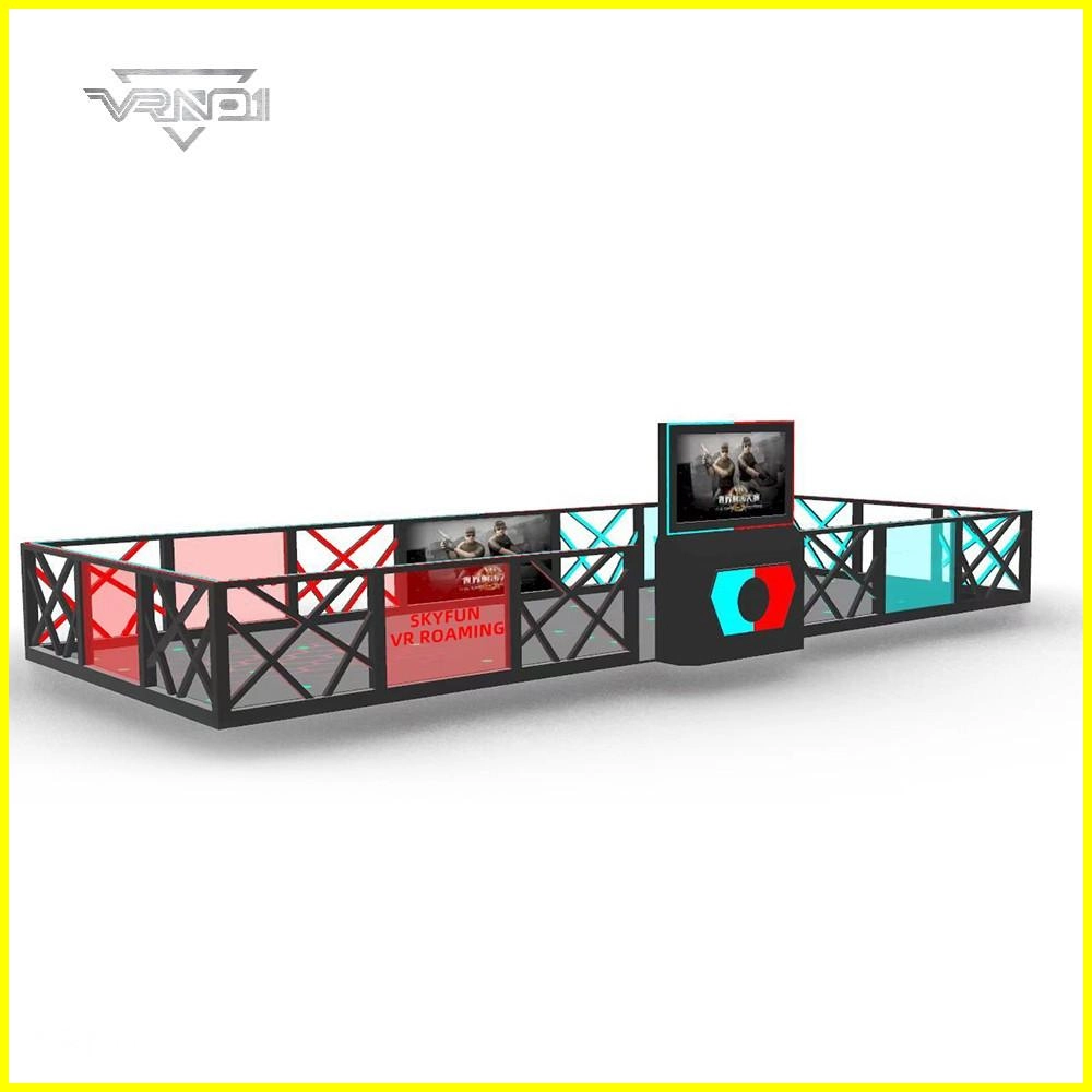 A black VR roaming platform with red and teal accents.  The platform is enclosed by a black metal fence, and features a central console with a screen displaying a video game. The text 'Skyfun VR Roaming' is visible on the platform. - VRN0.1