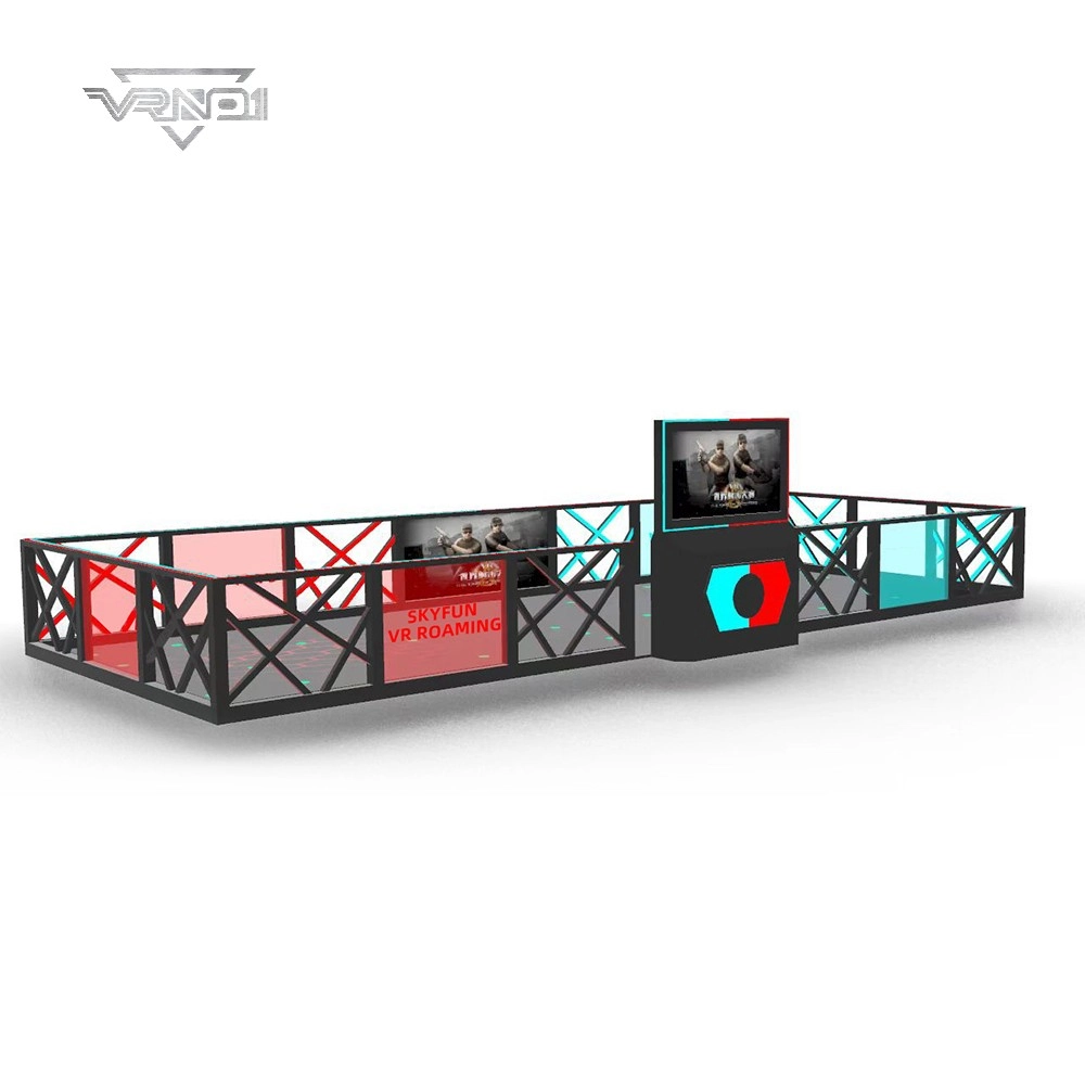 Una plataforma de RV negra con detalles en rojo y verde azulado. Está rodeada por una valla metálica negra y cuenta con una consola central con una pantalla que muestra un videojuego. El texto &quot;Skyfun VR Roaming&quot; es visible en la plataforma. - VRN0.1