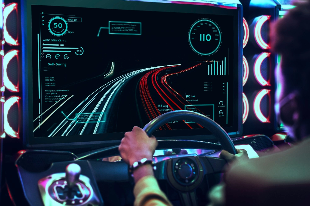 Person using VR Racing Simulator, driving fast in futuristic interface. - VRN0.1