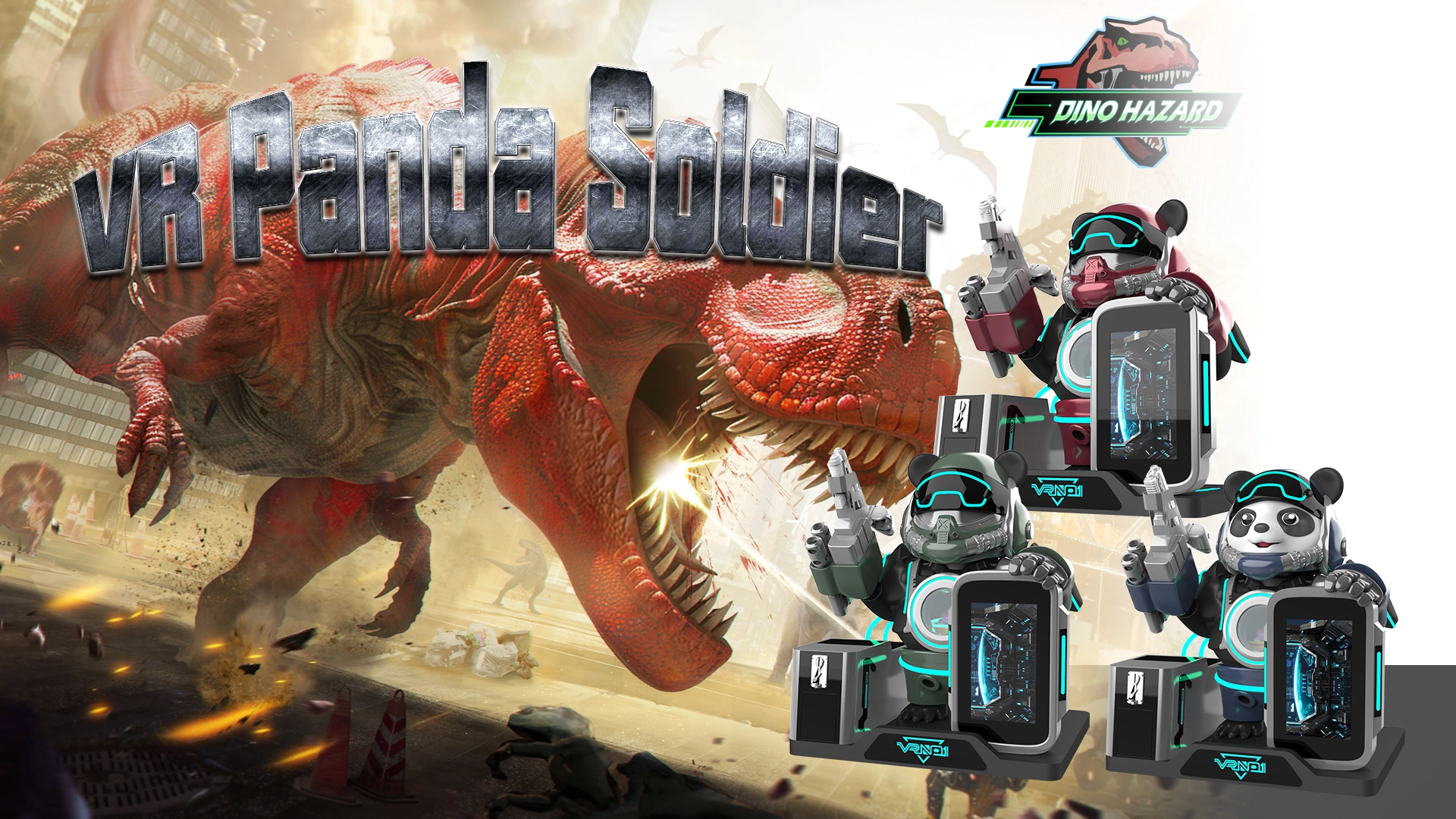 Aquí hay un texto alternativo descriptivo de la imagen: &quot;Juego arcade VR Panda Soldier con robots panda luchando contra un T-Rex en una calle de la ciudad. El título del juego se muestra de forma destacada junto con el logotipo de &#39;Dino Hazard&#39;&quot;. - VRN0.1
