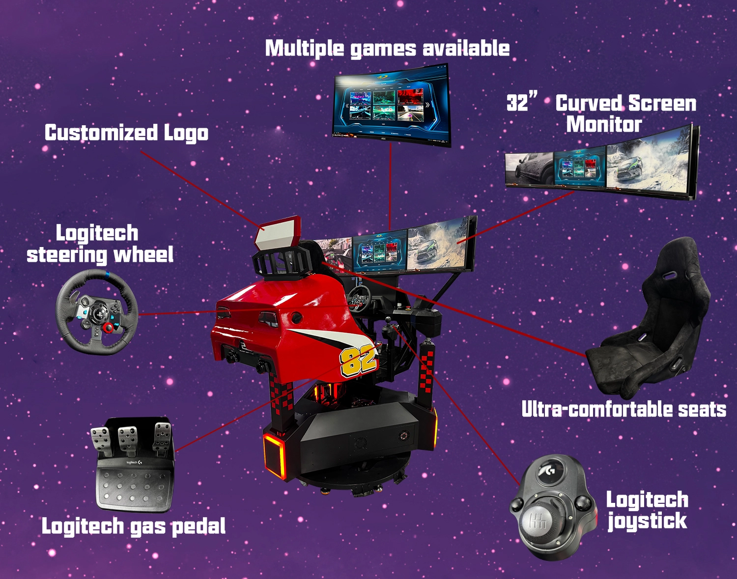 Un simulador de carreras con una carrocería de coche roja, volante Logitech, pedal de acelerador y joystick, un monitor de pantalla curva de 32 pulgadas que muestra múltiples juegos de carreras y un asiento de carreras ultra cómodo. - VRN0.1