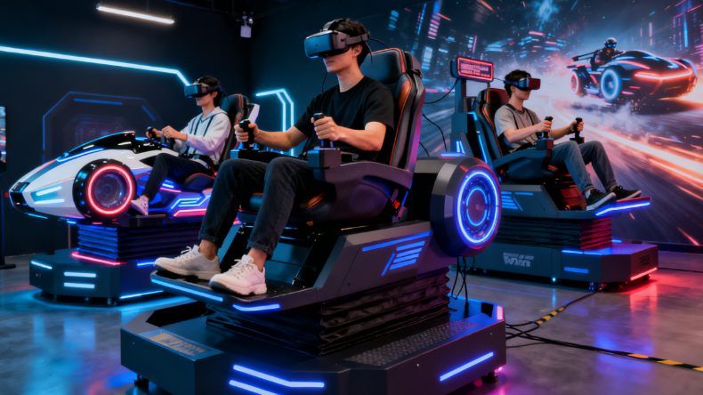 玩家坐在高科技赛车模拟器或飞行模拟器中