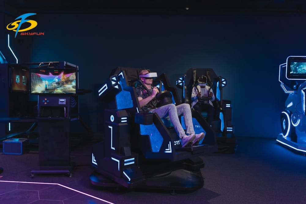 9d vr chair simulator People using a 9d vr chair simulator at arcade with blue neon lights.