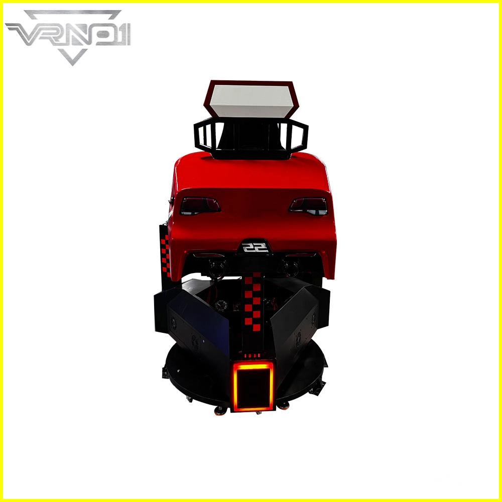 Vista trasera de un simulador de carreras VRNO1, con una carrocería roja montada sobre una base negra giratoria y una luz cuadrada roja brillante - VRN0.1 Vista trasera de un simulador de carreras VRNO1, que presenta una carcasa de automóvil roja montada sobre una base negra giratoria con una luz cuadrada roja brillante - VRN0.1