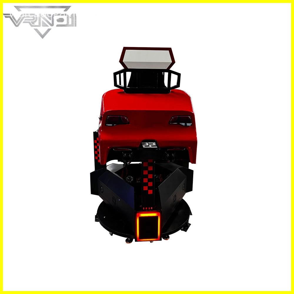 Vista trasera de un simulador de carreras VRNO1, con una carrocería roja montada sobre una base negra giratoria y una luz cuadrada roja brillante - VRN0.1 Vista trasera de un simulador de carreras VRNO1, que presenta una carcasa de automóvil roja montada sobre una base negra giratoria con una luz cuadrada roja brillante - VRN0.1