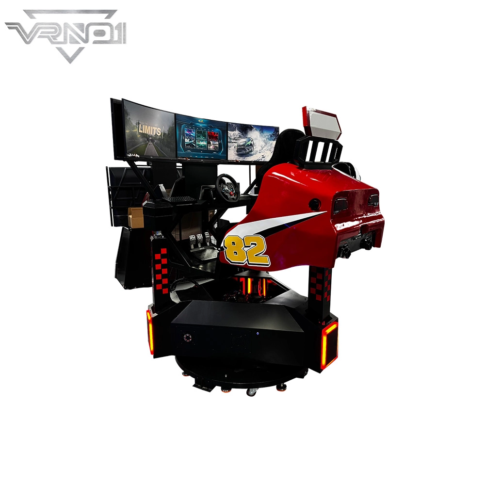 A red and black racing simulator with a triple monitor setup, number 82 displayed on the car's body, and a rotating base. - VRN0.1