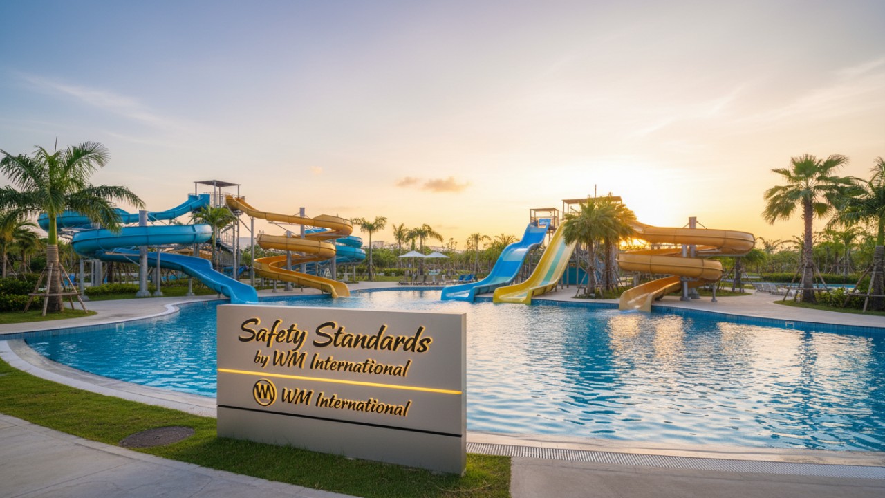 A beautiful sunset view of a pristine water park maintained to the high standards of WM International.