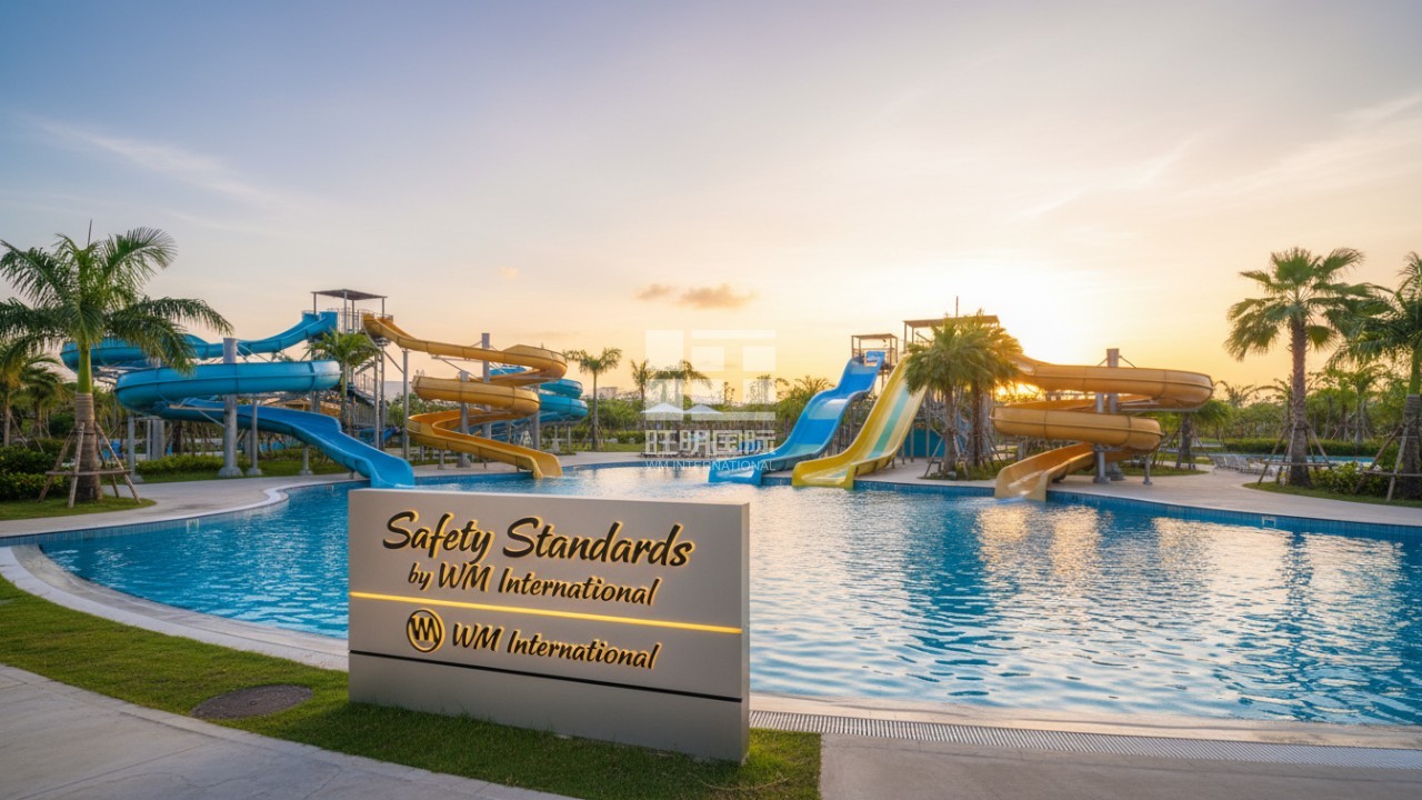 A beautiful sunset view of a pristine water park maintained to the high standards of WM International.