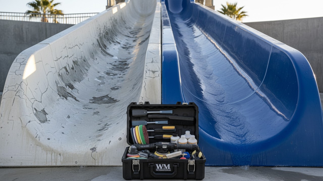 A comparison between a damaged water slide surface and a perfectly restored surface using WM International expert techniques.