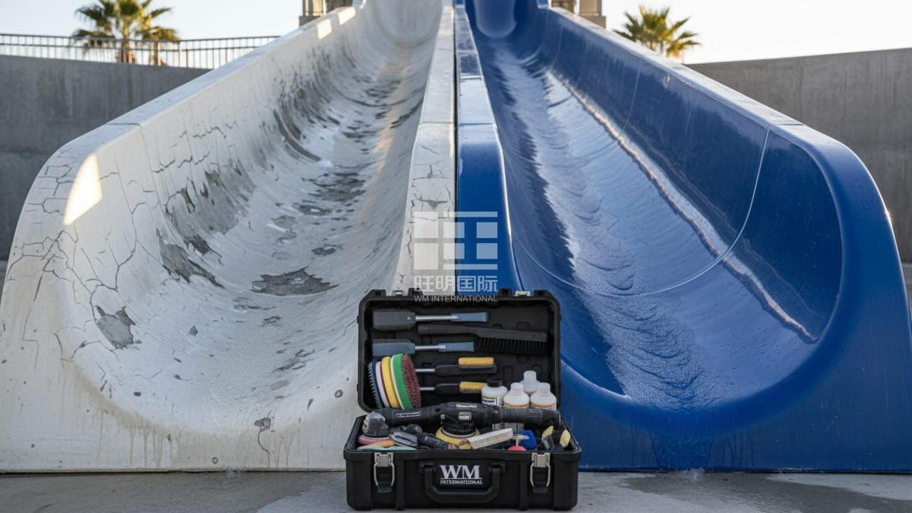 A comparison between a damaged water slide surface and a perfectly restored surface using WM International expert techniques.