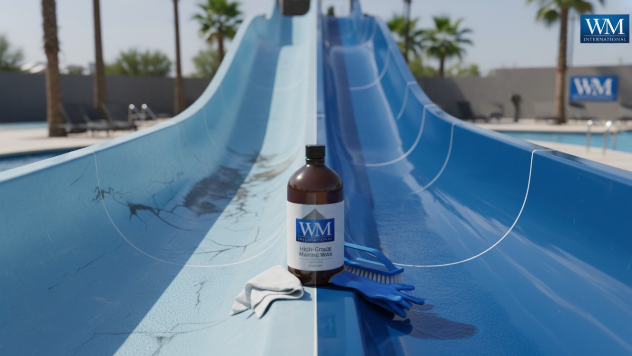 A comparison between a faded water slide and a polished slide with WM International maintenance products.
