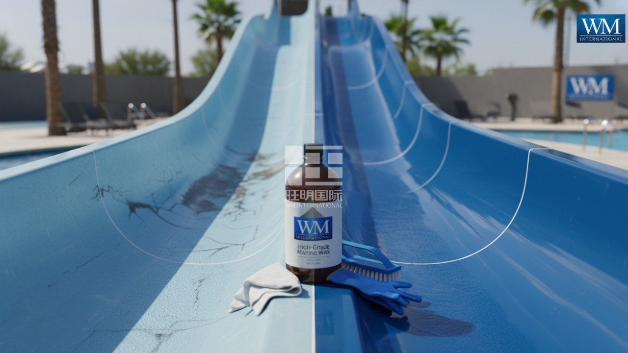 A comparison between a faded water slide and a polished slide with WM International maintenance products.