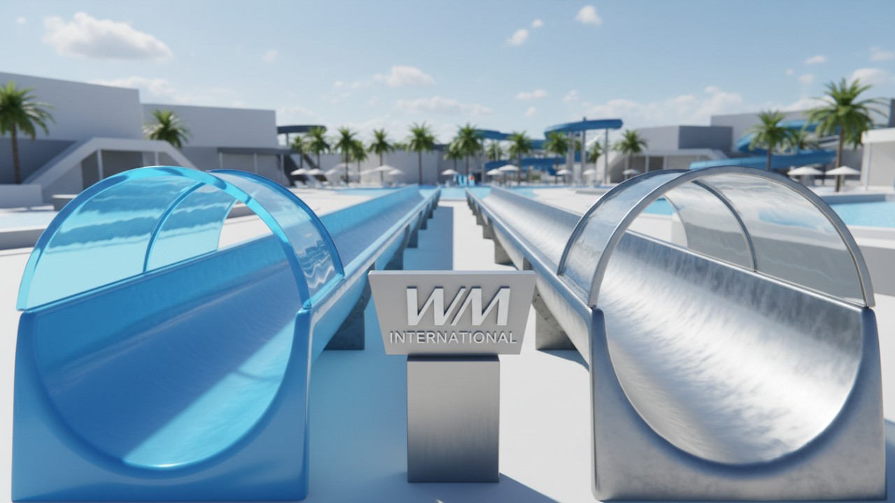 A comparison showing a vibrant blue fiberglass water slide next to a sleek stainless steel slide with a WM International plaque.