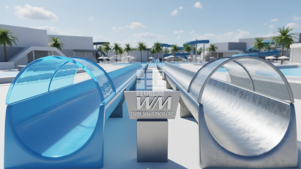 A comparison showing a vibrant blue fiberglass water slide next to a sleek stainless steel slide with a WM International plaque.
