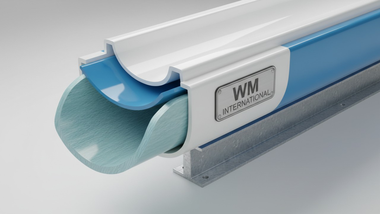 A detailed 3D cross-section illustration showing the fiberglass and steel layers of a commercial water slide with the WM International logo on a metal plaque.