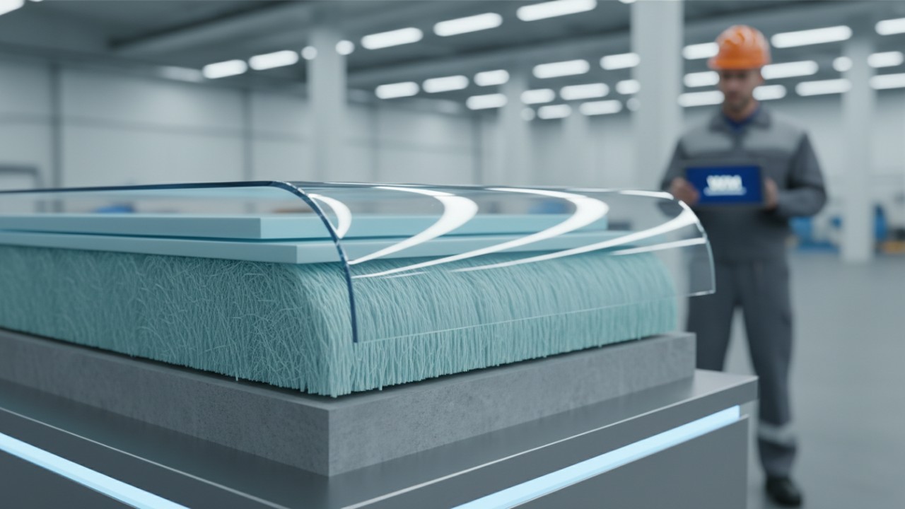 A detailed 3D cross section of a water slide showing the protective coating layer and a tablet with the WM International brand.