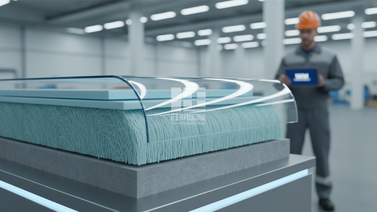 A detailed 3D cross section of a water slide showing the protective coating layer and a tablet with the WM International brand.