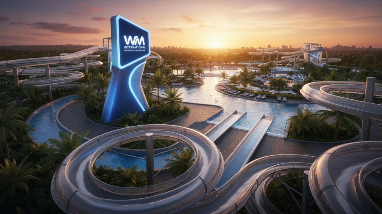 A futuristic 2026 water park scene featuring glossy slides and a prominent WM International digital sign.