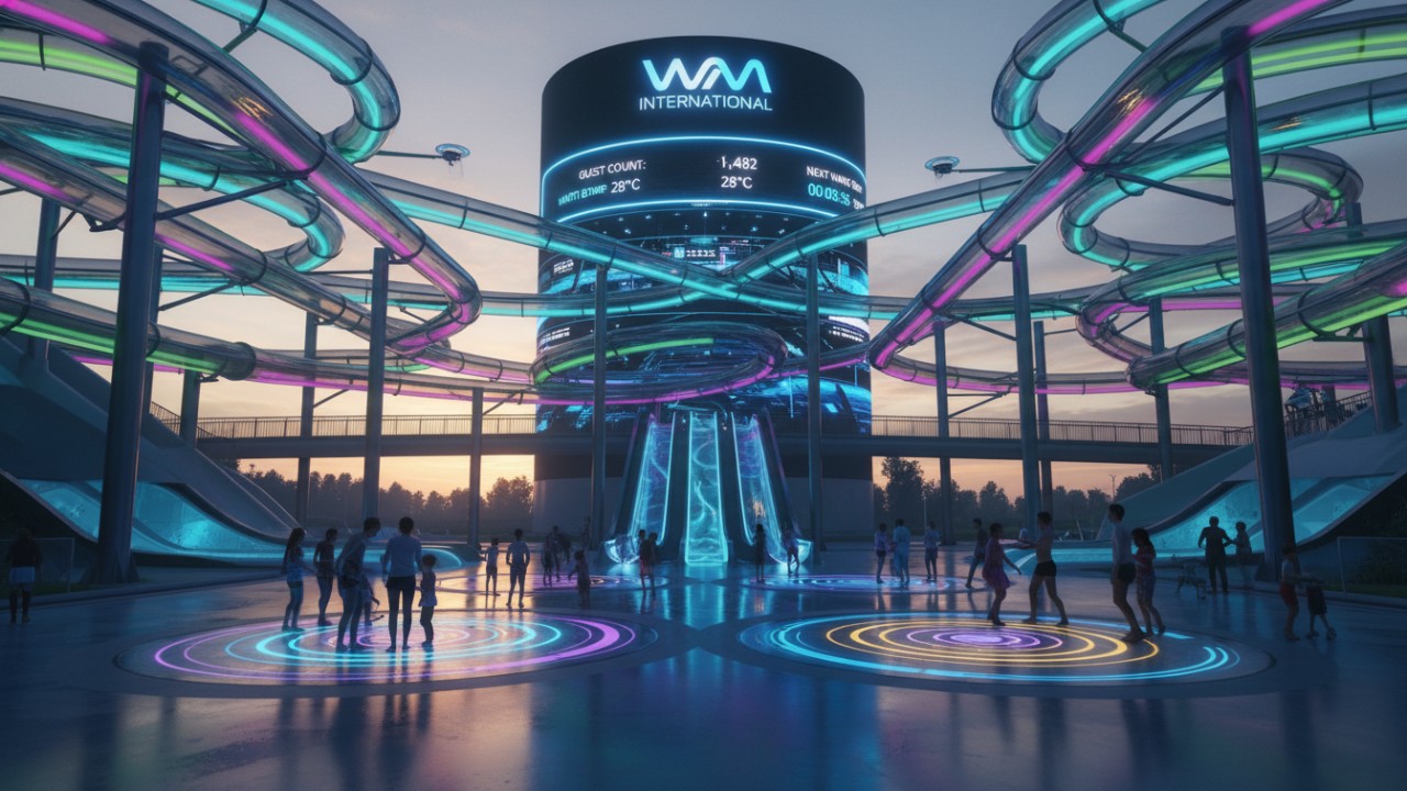 A futuristic water park at night with neon-lit slides and interactive technology featuring the WM International logo on a digital screen.