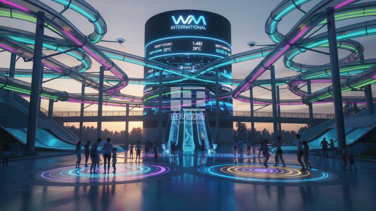 A futuristic water park at night with neon-lit slides and interactive technology featuring the WM International logo on a digital screen.