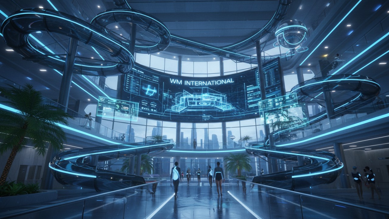 A futuristic water park concept for 2026 with translucent slides and digital screens displaying the WM International brand name and architectural data.